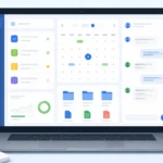 Sovapp digital workspace dashboard showing task management, file storage, and team chat features on a laptop screen
