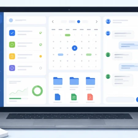 Sovapp digital workspace dashboard showing task management, file storage, and team chat features on a laptop screen