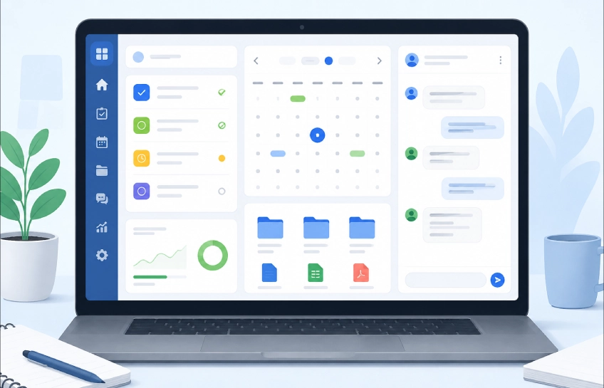 Sovapp digital workspace dashboard showing task management, file storage, and team chat features on a laptop screen