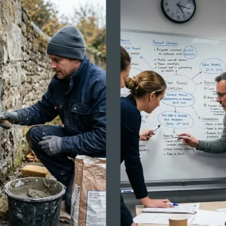 Stormuring fiber-reinforced waterproof mortar applied to a wall alongside a structured team problem-solving session