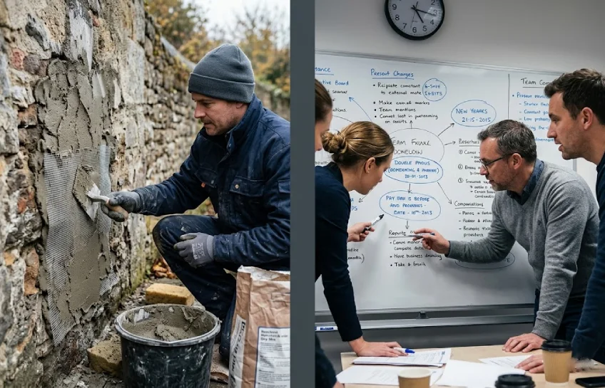 Stormuring fiber-reinforced waterproof mortar applied to a wall alongside a structured team problem-solving session