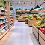 supermarked interior showing grocery aisles in a modern Danish and Norwegian supermarket