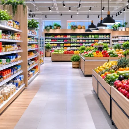 supermarked interior showing grocery aisles in a modern Danish and Norwegian supermarket