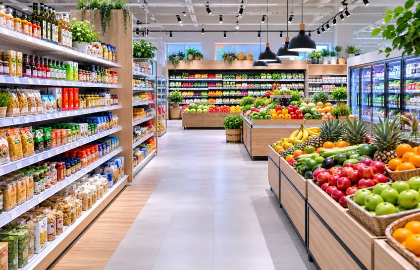 supermarked interior showing grocery aisles in a modern Danish and Norwegian supermarket