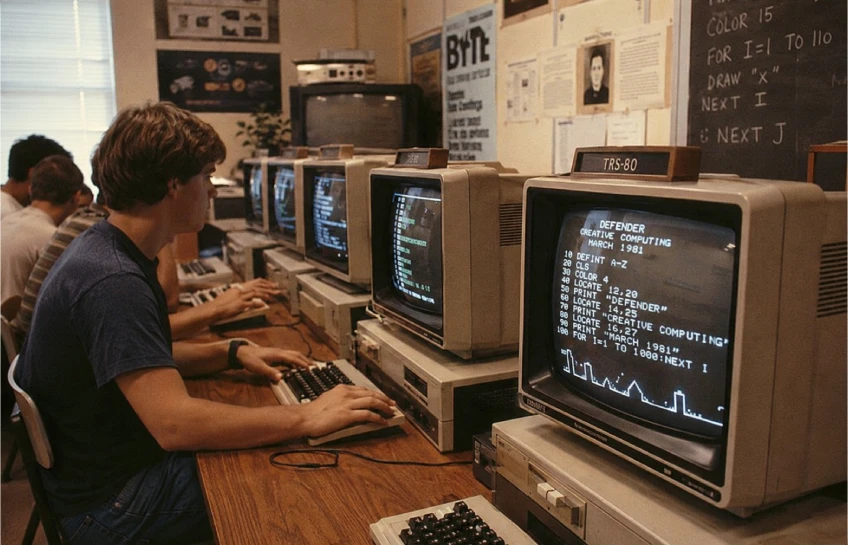 A vintage 1980s computer lab with CRT monitors displaying early video game code, warm nostalgic lighting and film grain texture representing the origins of game archiving