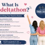 What is Trideltathon infographic showing a pastel-themed design explaining Trideltathon as a philanthropic fundraising event by Tri Delta supporting St. Jude Children’s Research Hospital, with three women standing together symbolizing sisterhood and charity.