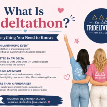 What is Trideltathon infographic showing a pastel-themed design explaining Trideltathon as a philanthropic fundraising event by Tri Delta supporting St. Jude Children’s Research Hospital, with three women standing together symbolizing sisterhood and charity.
