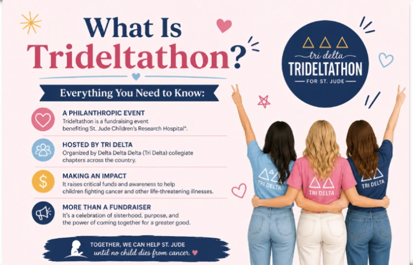 What is Trideltathon infographic showing a pastel-themed design explaining Trideltathon as a philanthropic fundraising event by Tri Delta supporting St. Jude Children’s Research Hospital, with three women standing together symbolizing sisterhood and charity.