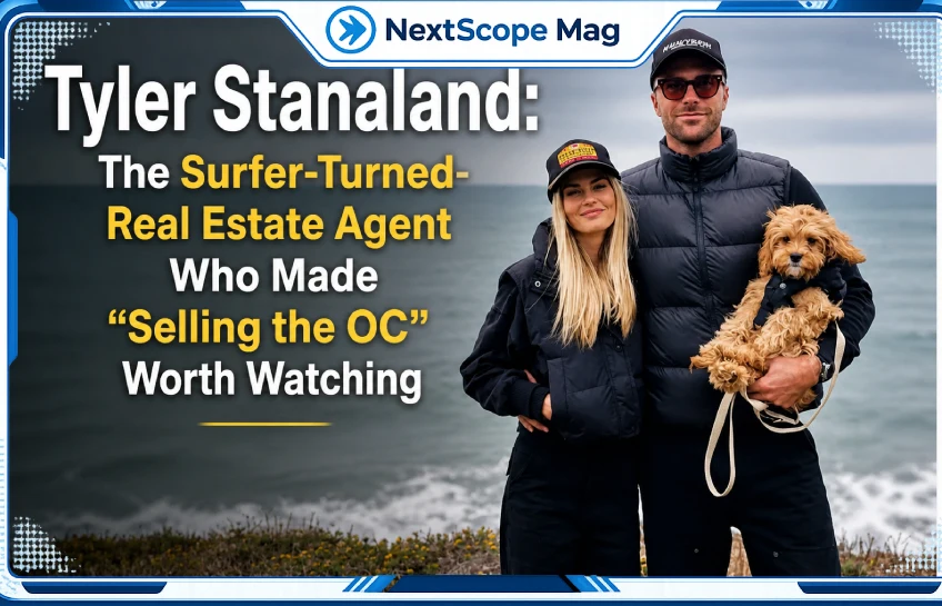 Tyler Stanaland with partner at the beach, known for Selling the OC real estate show and surfing background