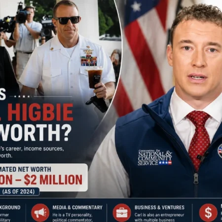 Carl Higbie net worth infographic showing an estimated wealth of $1 million to $2 million as of 2024, based on his military background, media career, and business ventures