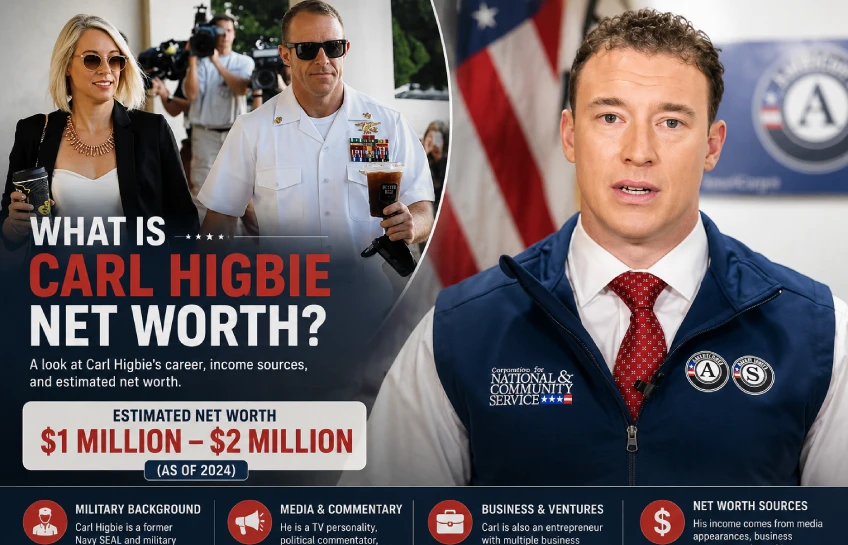 Carl Higbie net worth infographic showing an estimated wealth of $1 million to $2 million as of 2024, based on his military background, media career, and business ventures