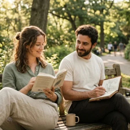 A couple sitting together outdoors, each focused on their own activity, representing the wifekivers balance of togetherness and personal independence.