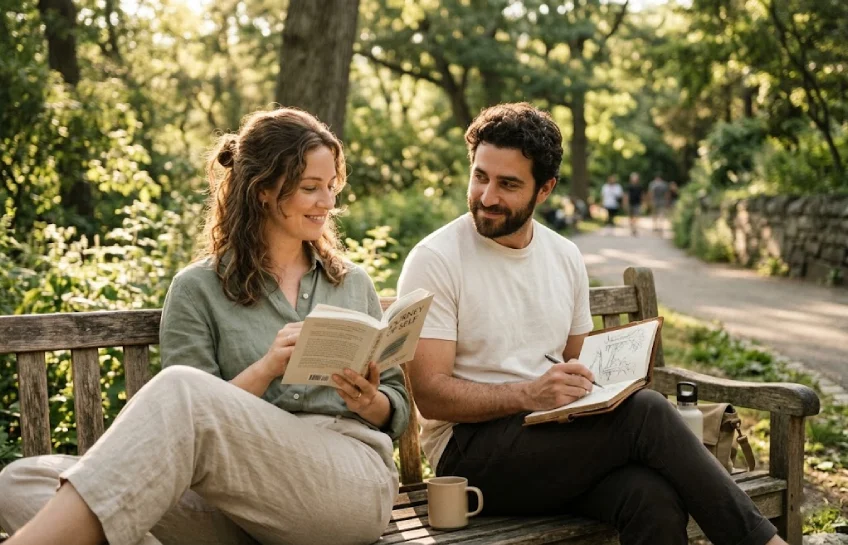 A couple sitting together outdoors, each focused on their own activity, representing the wifekivers balance of togetherness and personal independence.