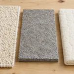 Three types of wollmatten — floor rug, insulation panel, and wool pressing mat — arranged on a natural wood surface