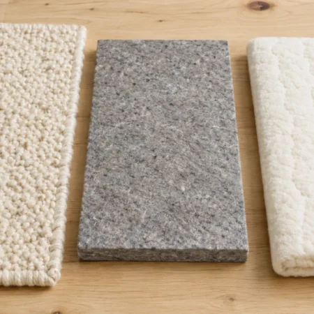 Three types of wollmatten — floor rug, insulation panel, and wool pressing mat — arranged on a natural wood surface