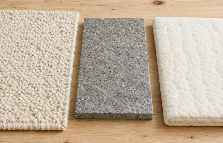 Three types of wollmatten — floor rug, insulation panel, and wool pressing mat — arranged on a natural wood surface