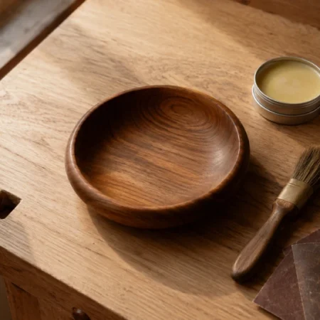 A craftsperson's workbench showing finishing tools and a polished wooden object, representing the concept of acamento