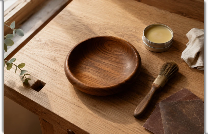 A craftsperson's workbench showing finishing tools and a polished wooden object, representing the concept of acamento