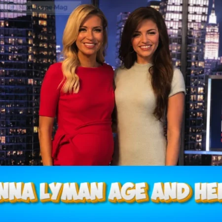 Brianna Lyman posing at a Fox Nation studio set with a city skyline backdrop