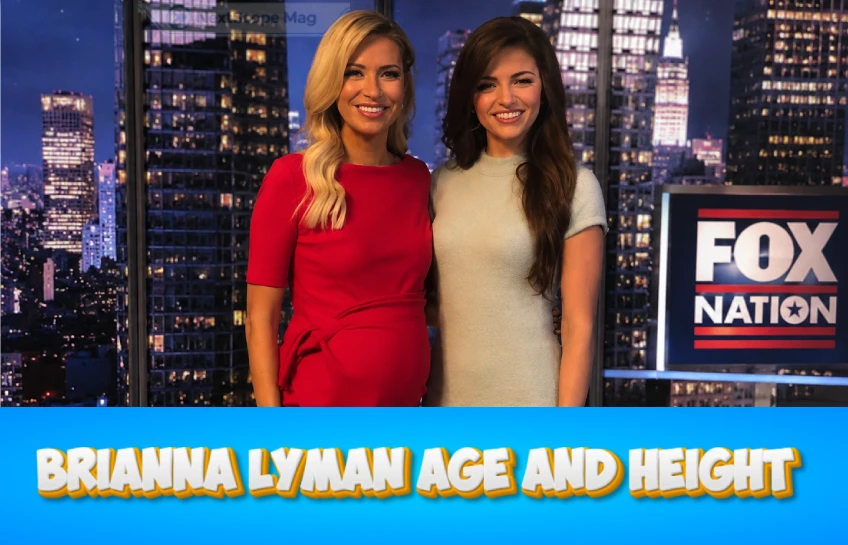 Brianna Lyman posing at a Fox Nation studio set with a city skyline backdrop