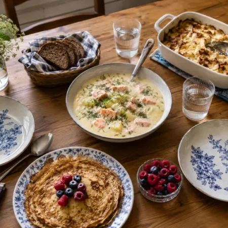 Easy Finnish recipes at home with salmon soup, pancakes, and casserole on a cozy Nordic kitchen table.