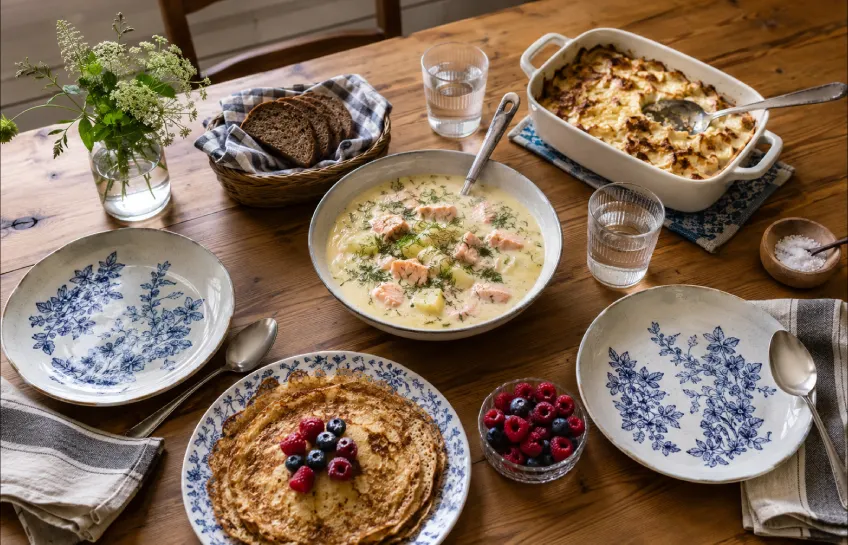 Easy Finnish recipes at home with salmon soup, pancakes, and casserole on a cozy Nordic kitchen table.