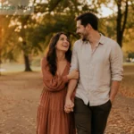 Couple laughing during an outdoor engagement photo session at golden hour