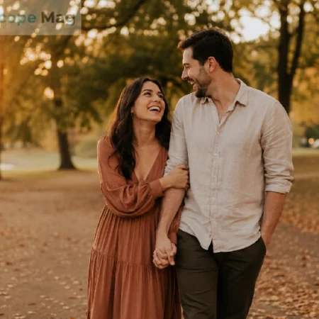 Couple laughing during an outdoor engagement photo session at golden hour