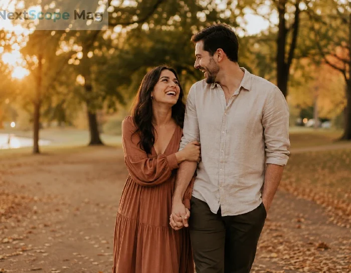 Couple laughing during an outdoor engagement photo session at golden hour