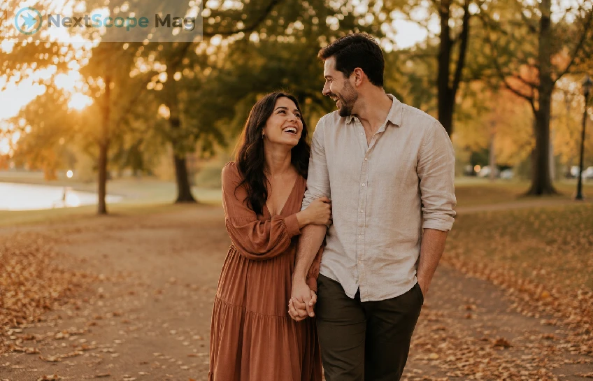 Couple laughing during an outdoor engagement photo session at golden hour