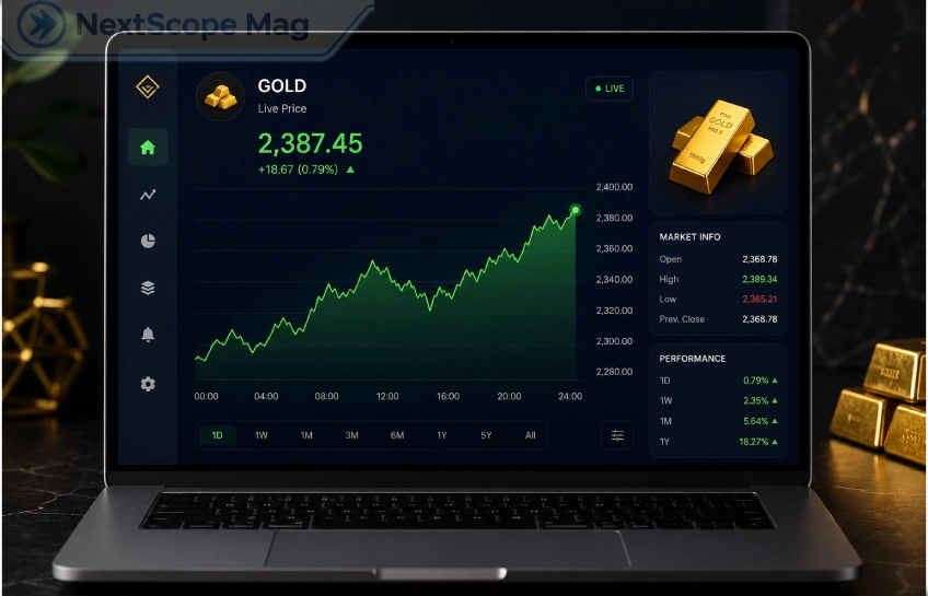 fintechzoom.com gold price chart and live market data on a financial dashboard