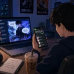Person reading manga and webtoons on KaliScan across laptop and phone at a desk at night.