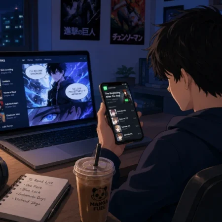 Person reading manga and webtoons on KaliScan across laptop and phone at a desk at night.