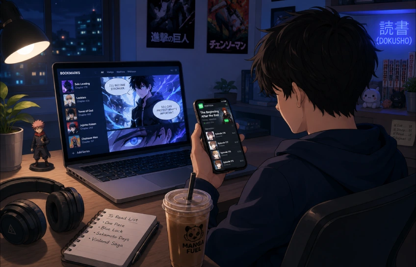 Person reading manga and webtoons on KaliScan across laptop and phone at a desk at night.