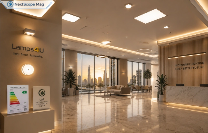 Lamps4U LED lighting products installed in a modern UAE office and residential space, showcasing energy-efficient certified fixtures.