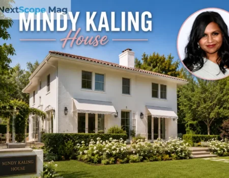 Mindy Kaling House exterior — white two-story historic home in Hancock Park Los Angeles with front garden and striped awnings