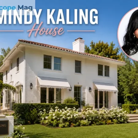 Mindy Kaling House exterior — white two-story historic home in Hancock Park Los Angeles with front garden and striped awnings