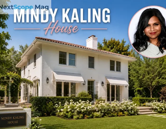 Mindy Kaling House exterior — white two-story historic home in Hancock Park Los Angeles with front garden and striped awnings