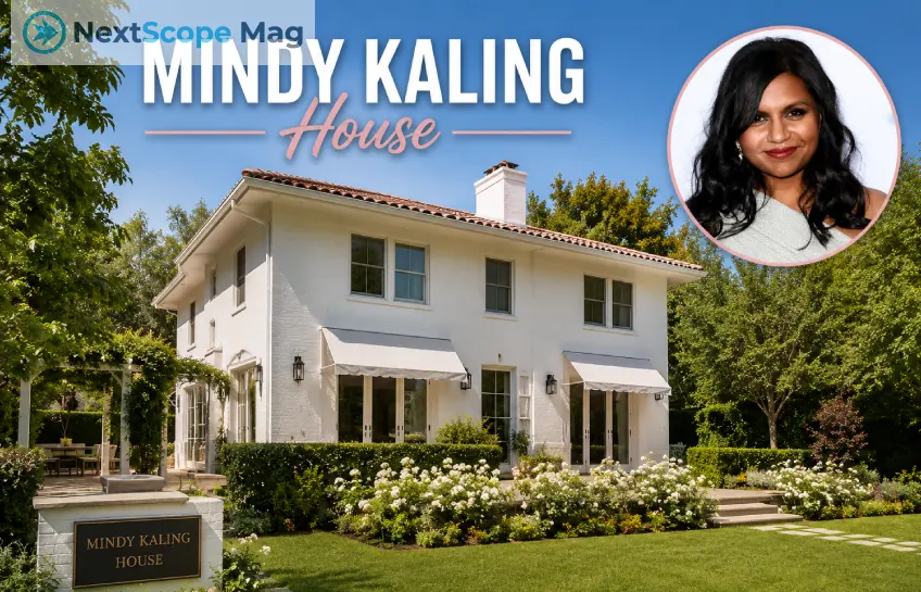 Mindy Kaling House exterior — white two-story historic home in Hancock Park Los Angeles with front garden and striped awnings
