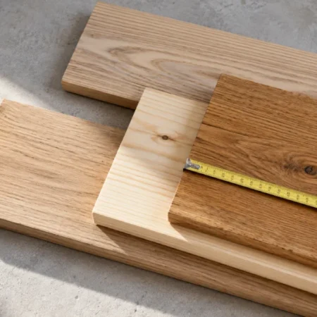 Plangud – different wood species including oak, pine and ash planks laid flat on a concrete surface
