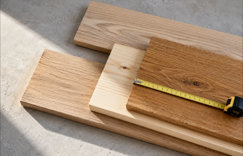 Plangud – different wood species including oak, pine and ash planks laid flat on a concrete surface