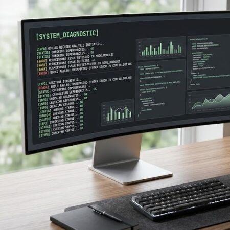 A modern workstation displaying diagnostic steps to fix software gdtj45 builder problems.