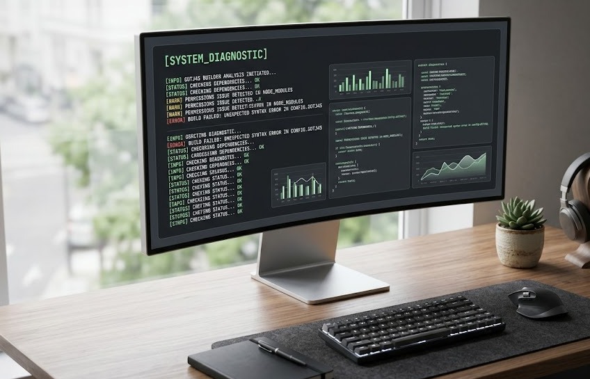 A modern workstation displaying diagnostic steps to fix software gdtj45 builder problems.