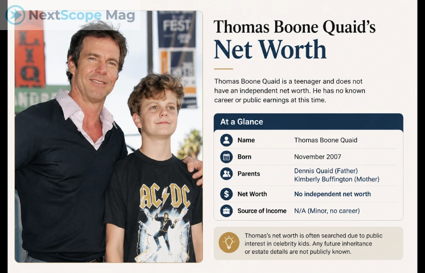 Thomas Boone Quaid net worth infographic featuring Dennis Quaid with his son, highlighting family background, personal details, and financial information.