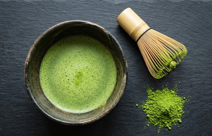A bowl of freshly whisked matcha showing what does matcha taste like — smooth, grassy, and bright green