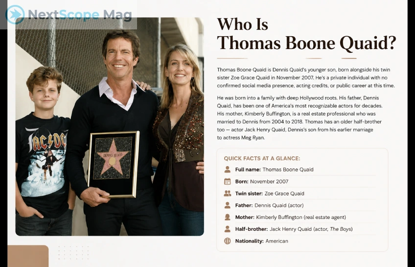 Thomas Boone Quaid biography infographic featuring Dennis Quaid family photo, early life details, parents, siblings, and personal background information.