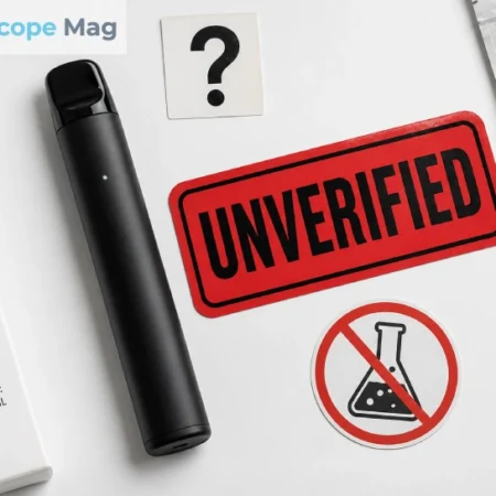Ace Ultra Premium disposable vape with a consumer warning label highlighting ghost brand safety concerns