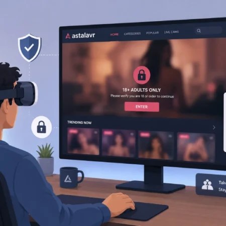Person using a VR headset while browsing the astalavr website with safety icons on the screen