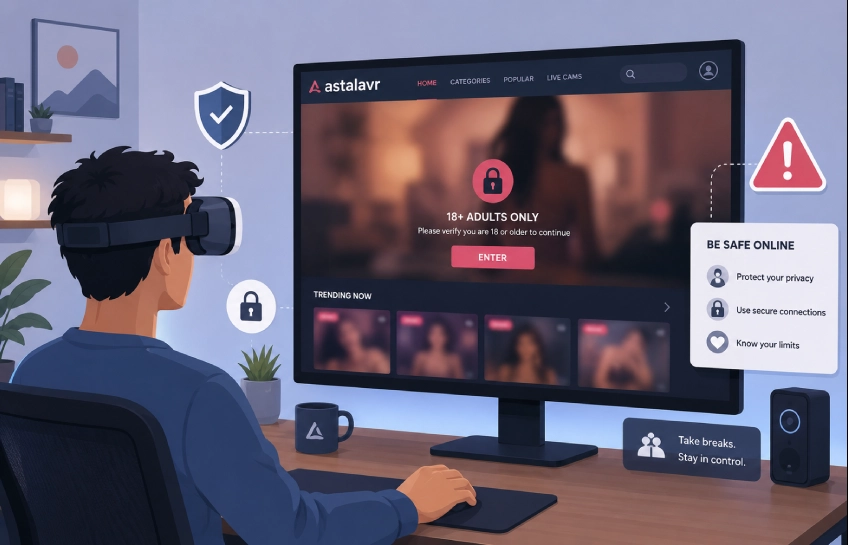 Person using a VR headset while browsing the astalavr website with safety icons on the screen