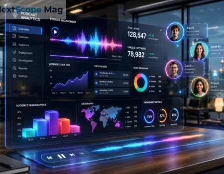 A digital dashboard displaying backtofrontshow podcast analytics and listener engagement data.